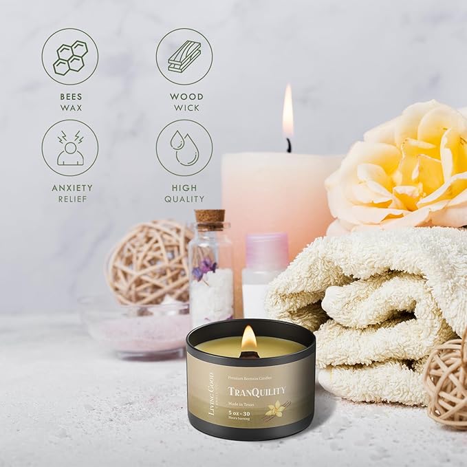 Tranquility Pure Beeswax Candle Tin 30+ Hours Long Burning Classically Designed Non-Toxic Scented Candles for Home Decor and Aromatherapy to Stress & Anxiety Relief with Natural Fragrance - 5 oz