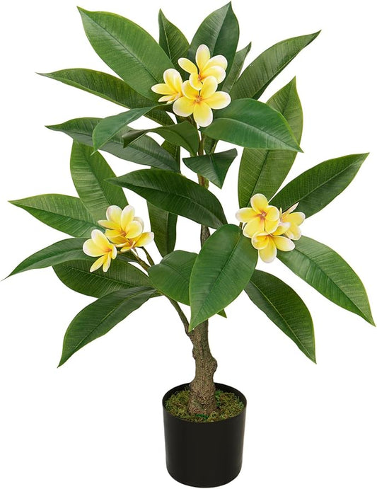 Briful Artificial Plants Indoor 26.77'' Fake Tropical Plumeria Flowers Tree Plants in Black Pot, Hawaiian Yellow Plumeria Faux Frangipani Tree Floor Plant for Home Office Wedding Decor