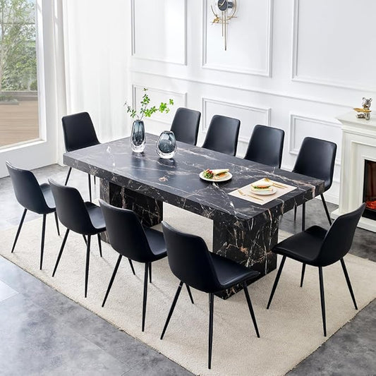 79" Marble Dining Table Set｜Modern Dining Table Set with 10 Faux Leather Chairs｜Engineered Wood with Marble Pattern Tabletop｜Widened and Stable Tablelegs｜Easy Assembly