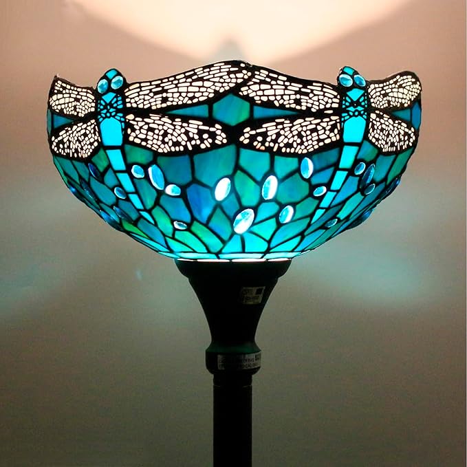 WERFACTORY Tiffany Floor Lamp Green Stained Glass Dragonfly Light 12X12X71 Inches Pole Torchiere Standing Corner Torch Uplight Decor Bedroom Living Room Home Office S622 Series (B)