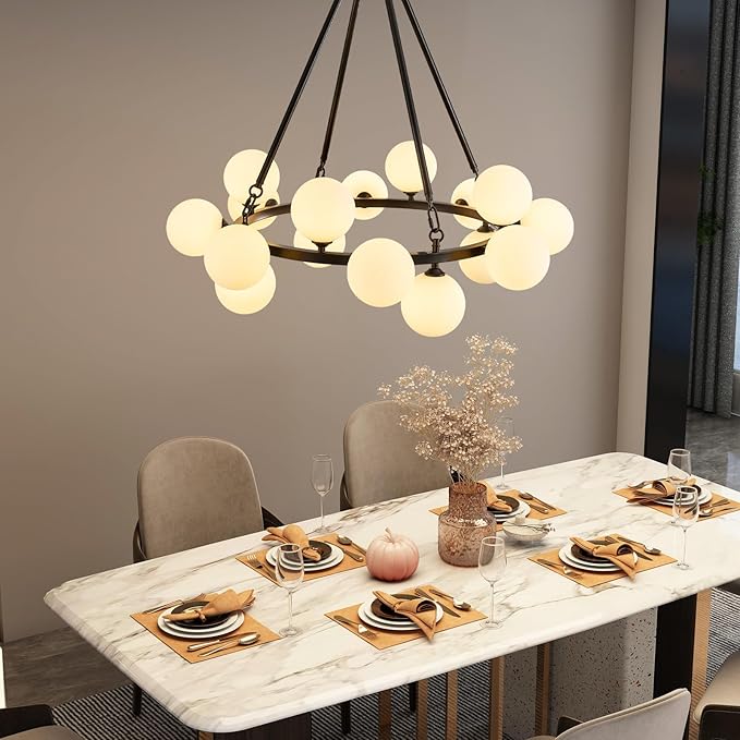 Modern Bubble Chandelier,Mid Century Milk Glass Pendant Light 31.5",Round Sputnik Chandeliers with Glass Globes,Globe Chandeliers for Dining Room,Kitchen Island,Living Room,Bedroom,16 Lights