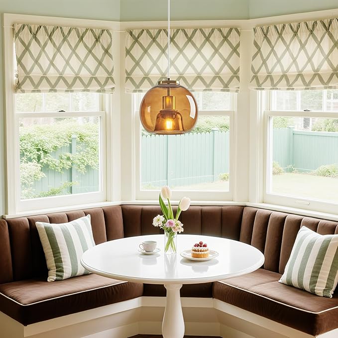 Brown Glass Pendant Lights Kitchen Island Gold Hanging Light Fixture Glass Globe Pendant Light Modern Pendant Lighting for Kitchen Island Bedroom Dining Room (7.87", 2 Pack)