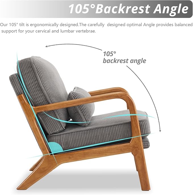 Karl home Mid-Century Modern Accent Chair, Living Room Chairs with Pillow Corduroy Upholstered Lounge Armchair with Solid Wood Frame & Soft Cushion for Bedroom, Reading Room, Gray