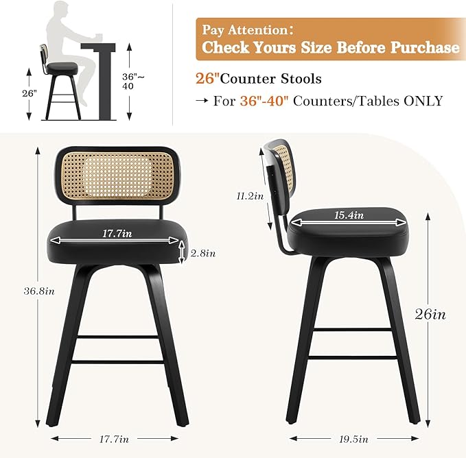 Swivel Counter Height Bar Stools Set of 4, Upholstered Faux Leather Barstools with Rattan Back, 26" Seat Height Bar Chairs Island Stools for Kitchen Counter, Black Wood Frame, Black