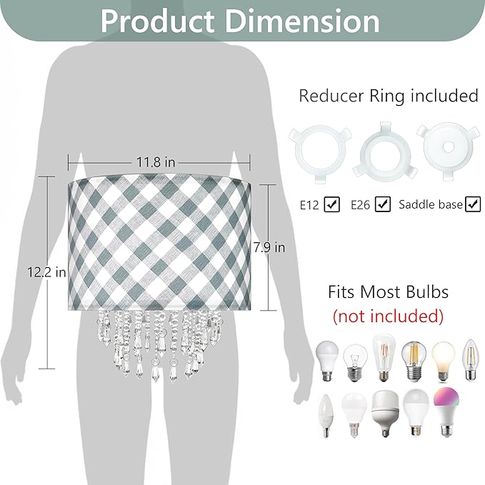 Star Vision Checkered Drum Fabric Lampshade with Crystal Beaded Droplets, Farmhouse Chic Light Shade for Pendant Table Wall & Floor Lamps, Neutral Home Decor for Bedroom Living Room Entryway