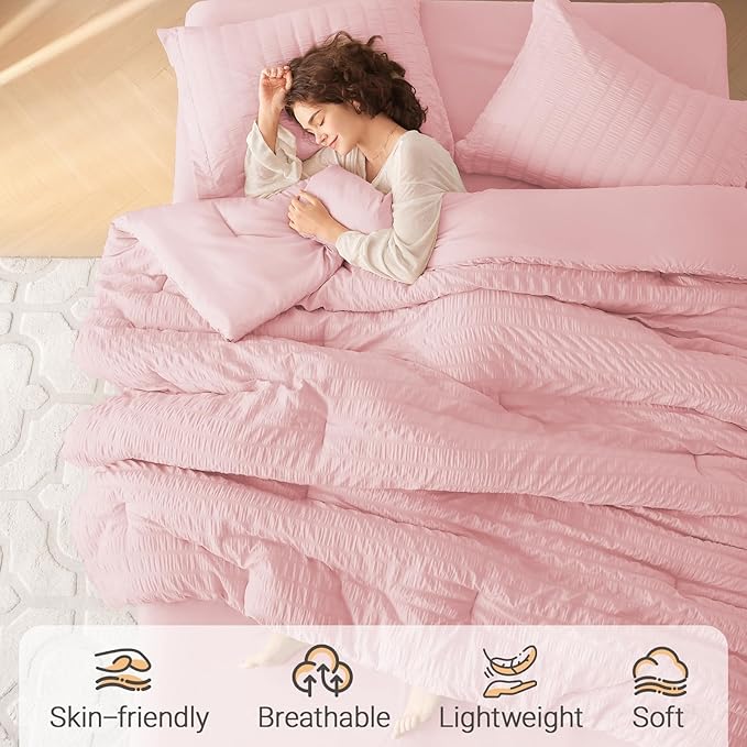 MUXHOMO 7 Pieces Queen Comforter Set, Seersucker Bed in a Bag Queen Size, All Season Luxury Bedding Set with Comforter, Flat Sheet, Fitted Sheet, Pillowcases & Shams, Pink
