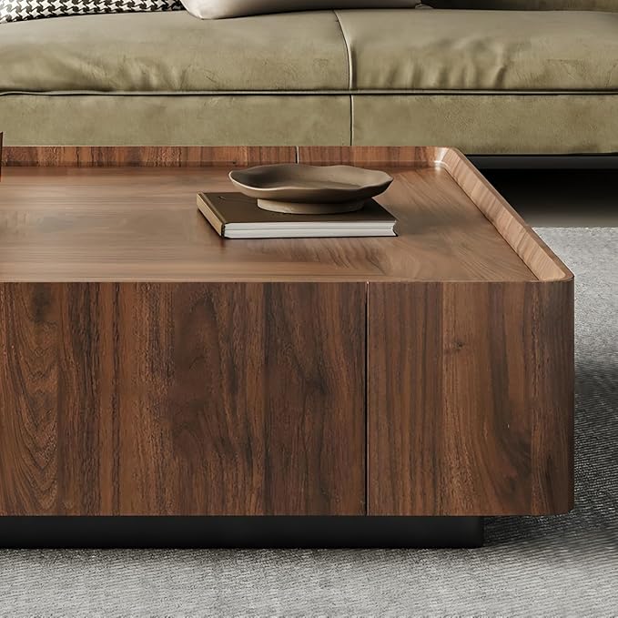 Square Coffee Table Premium Wood Center Table with Hidden Drawers for Living Room,Fully Assembled Elegant Walnut Finish (35.4" Inch)