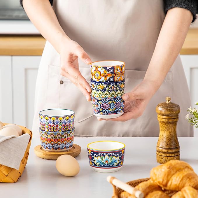 vancasso 4 Oz Ramekins Oven Safe Set of 6, Bohemian Creme Brulee Ramekins, Colorful Souffle Dishes, Pudding Custard Cups for Baking, Small Ceramic Bowls for Dipping Sauce, Ice Cream