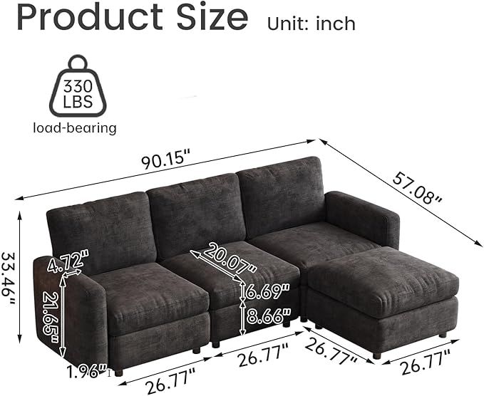 Exlarge Modular Sectional Sofa,111.5" U-Shaped Corduroy Comfy Sectional Couches for Living Room,Modern Deep Seat Sofa,3-Seater Cloud Couches with 1 Movable Ottomans,Flexible Combination (Grey)