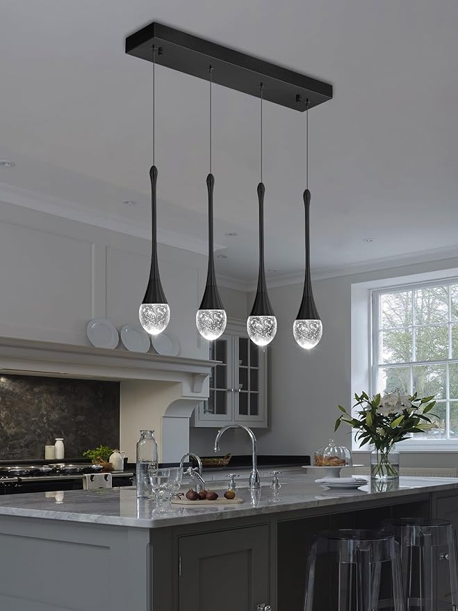 Dining Room Light Fixture 4-Light Black Kitchen Island Lighting Industrial Linear Crystal Chandeliers for Dining Room Pendant Light Fixture for Living Room Hallway Bedroom