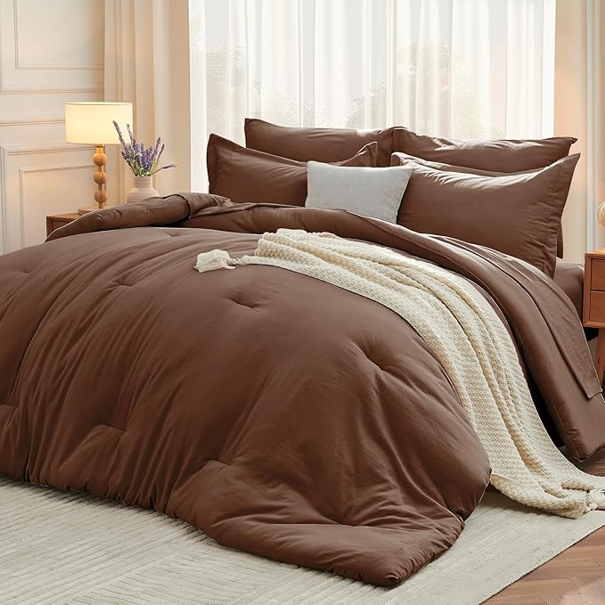 MUXHOMO 7 Pieces Full Comforter Set, Soft Bed in a Bag Full Size, All Season Bedding Set with Comforter, Flat Sheet, Fitted Sheet, Pillowcases & Shams, Brown