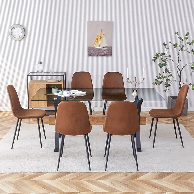 7 Piece Glass Dining Table Set, Kitchen Table Chairs Set for 6, 71'' Dining Table with 0.4" Tempered Glass Tabletop with Plated Metal Legs and MDF Crossbar, 6 Suede Chairs for Dining Room, Kitchen.