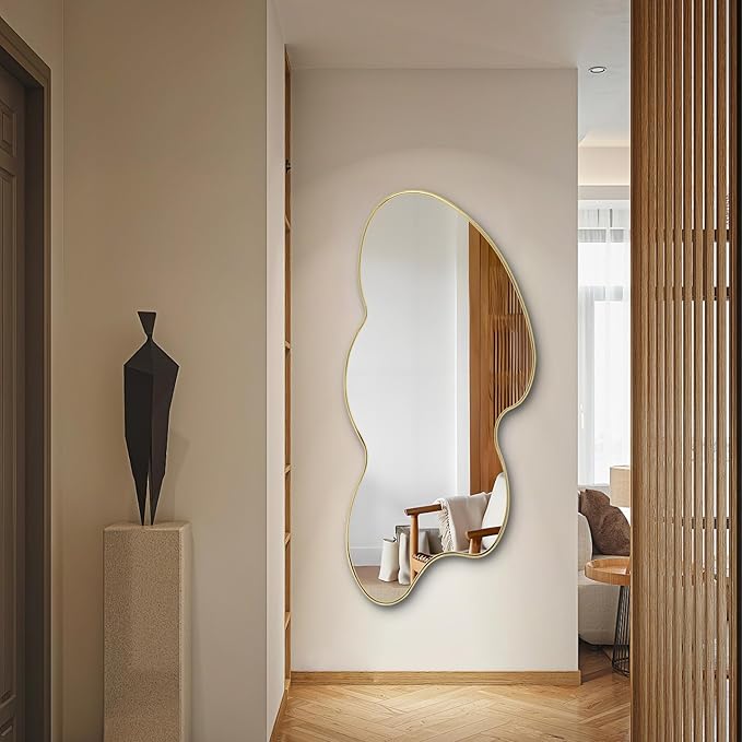 Gold Irregular Mirror, Asymmetrical Wall Mirror, 49.6"x26" Cloud Shaped Mirrors, Large Metal Frame Mirrors for Living Room Bathroom Bedroom Hallway Entryway Fireplace