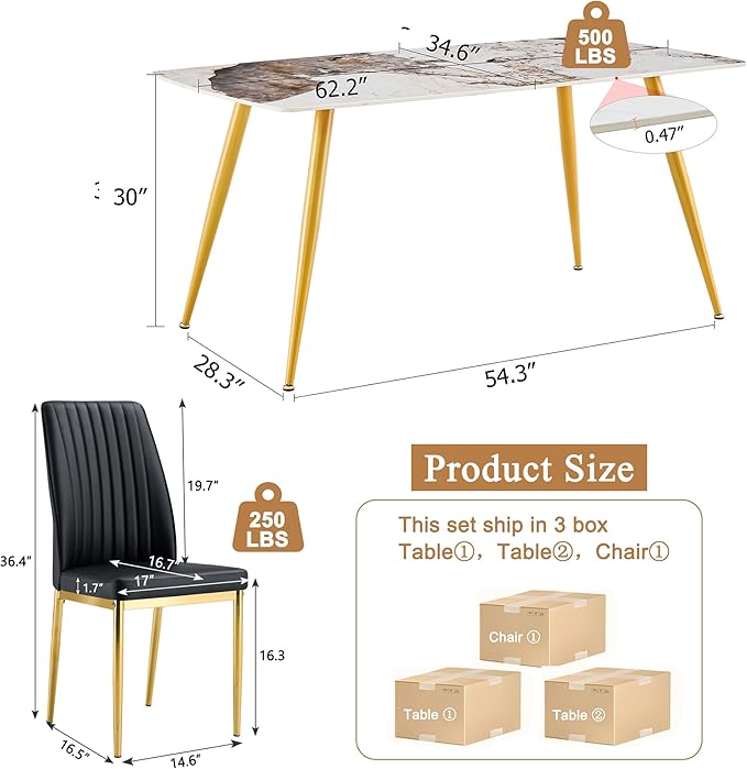 62" Marble Dining Room Table Set for 6 Rectangle Modern Dinner Table with Sintered Stone Top Golden Metal Legs Kitchen Table Chair Set for Dining Room (62" Golden+6Black Chairs)