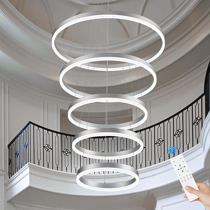 Modern LED Chandelier for Foyer Dimmable Silver High Ceiling Chandeliers Foyer with Remote Control for Entryway Dining Room Living Room Staircase, 3000K-6500K(5-Rings D23.6’’)