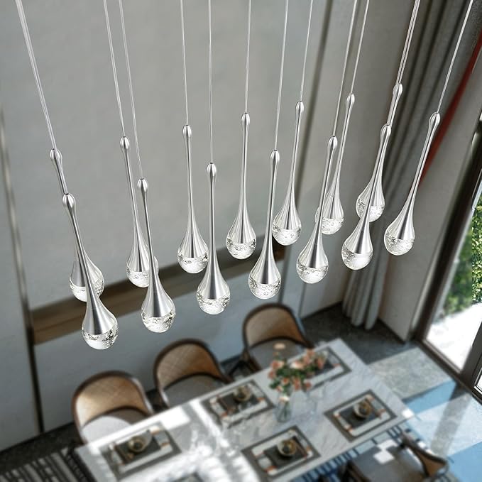 Modern Rectangular Chandelier,14 Lights Silver Raindrop Chandelier Lighting,Industrial Linear Pendant Ceiling Light Fixture for Dining Living Room Kitchen Island