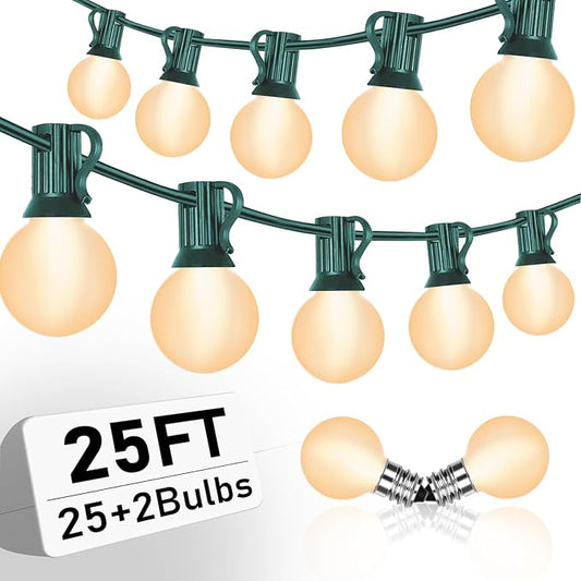 Outdoor String Lights 25Ft G40 Globe Patio String Light with 27 Frosted White Bulbs(2 Spare) Hanging Outdoor Christmas Lights for Backyard Porch Balcony Party Christmas Decor