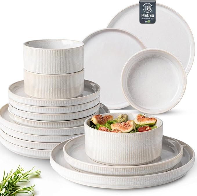 GBHOME Stoneware Dinnerware Sets for 6,Round Reactive Glaze Ceramic Plates and Bowls Set,Highly Scratch Resistant | Dishwasher & Microwave Safe Dishes Set,Service for 6(18Pcs)