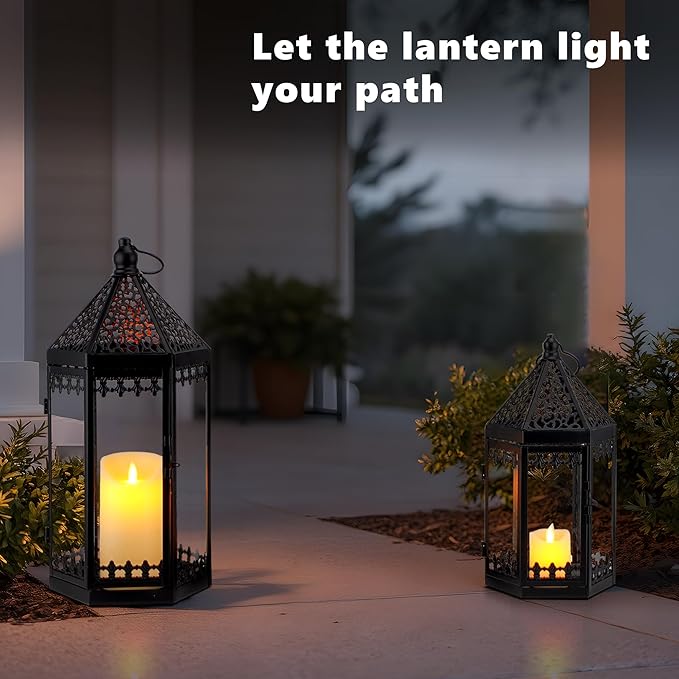 TRIROCKS Set of 2 Deacorative Candle Lantern 16'' & 12'' High Metal Candle Holder Hanging Lanterns with Tempered Glass Perfect for Indoor Outdoor Home Decor Parties Garden Events Wedding (Black)