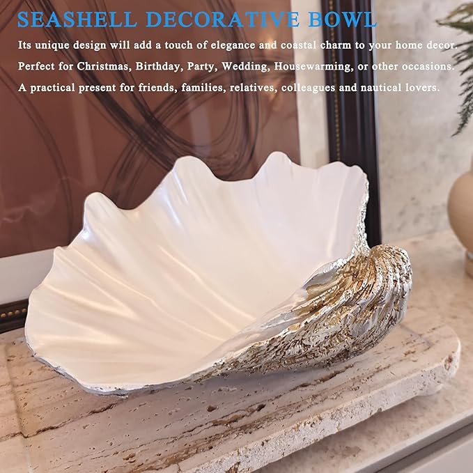 Resin Seashell Decorative Bowl Large Clam Shell Storage Bowl for Coffee Table Centerpiece Home Kitchen Entryway Table Decor Beach Themed Wedding Party Decoration (Silver-Pearl White)