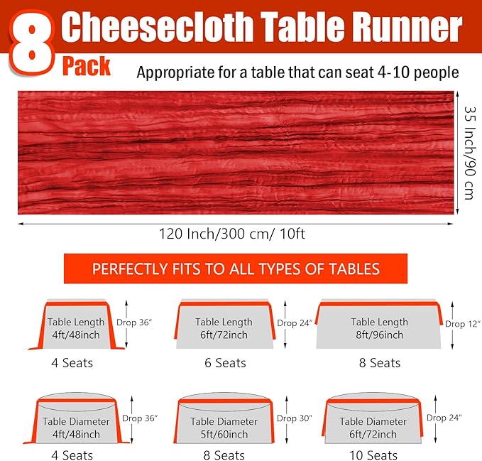 8 Pack Red Cheesecloth Table Runner 35x120 Inches Boho Gauze Rustic Christmas Cheese Cloth Table Runners 10ft Long Romantic Sheer Table Runner for Wedding Bridal Baby Shower Party Decor