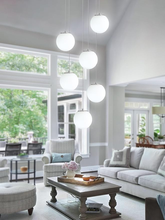 H 87in Globe Pendant Light 6-Lights Modern Hanging Chandelier for Kitchen Island Silver Globe Chandelier Milk White Glass Pendant Lighting for Living Room Bedroom Entryway