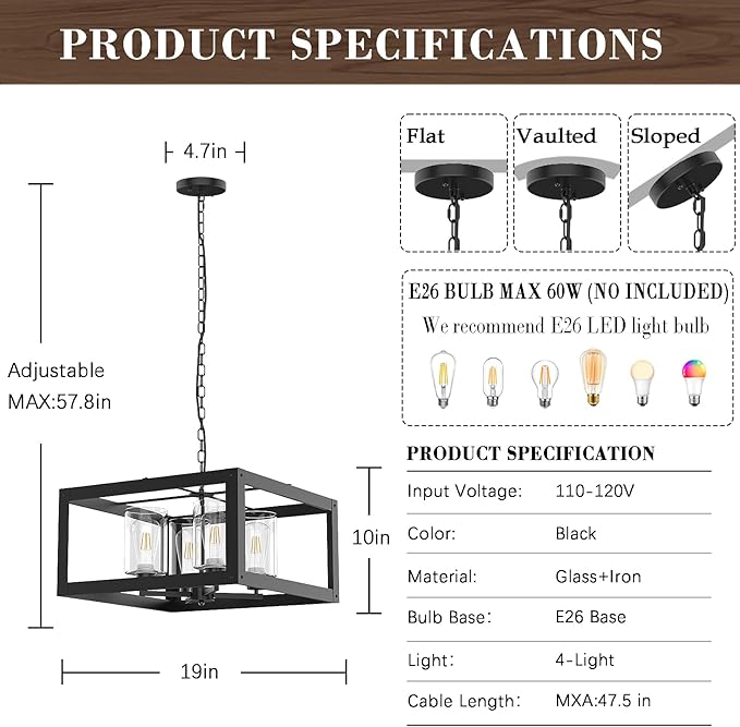 4-Light Black Chandelier, 19" Farmhouse Chandeliers Light Fixture with Glass Shade Lighting Fixtures Modern Ceiling Pendant Lamp for Dining Room Kitchen Island Entrance Bedroom Living Room
