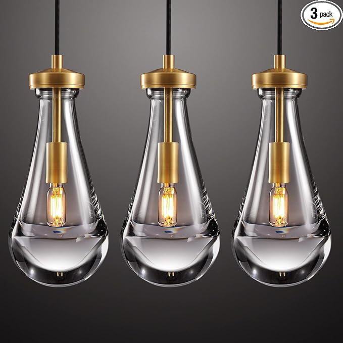 Raindrop Pendant Light Fixtures Set of 3, Brass Glass Pendant Lighting, Teardrops Pendant Lights Kitchen Island, Indoor Pendant Light for Kitchen Island Bedroom Bathroom, Included Bulb