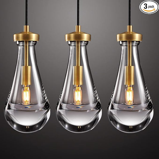 Raindrop Pendant Light Fixtures Set of 3, Brass Glass Pendant Lighting, Teardrops Pendant Lights Kitchen Island, Indoor Pendant Light for Kitchen Island Bedroom Bathroom, Included Bulb
