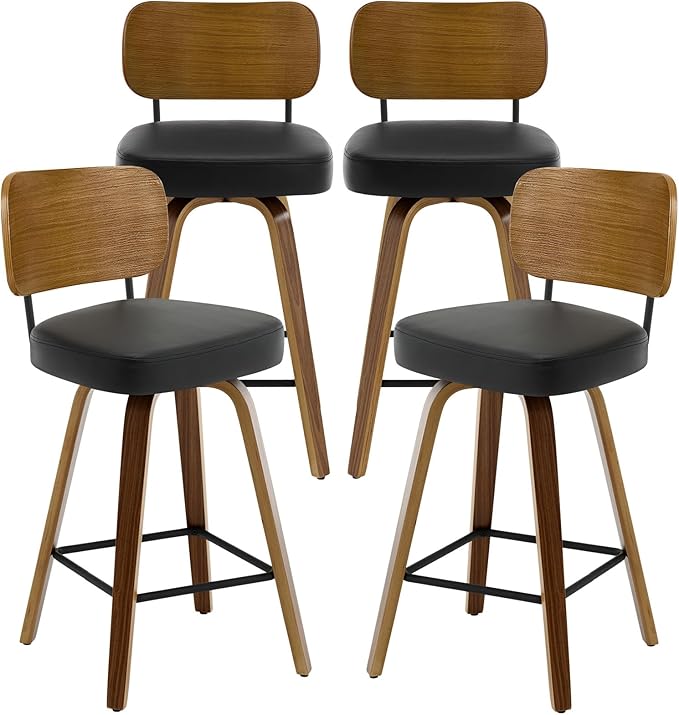Swivel Counter Height Bar Stools Set of 4, Mid-Century Modern Upholstered Faux Leather Barstools with Wood Back, 26" Seat Height Bar Stools for Kitchen Island, Black Seat and Walnut Frame