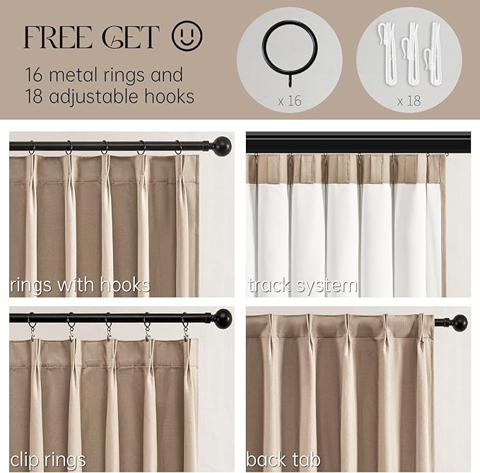 Topfinel 100% Blackout Linen Curtains 72 Inch Length,Pinch Pleated Neutral Back Tab Drapes with Hooks Room Darkening Heat Reducing Farmhouse Rustic Lined Draperies for Bedroom Baby Room 2 Panels Set