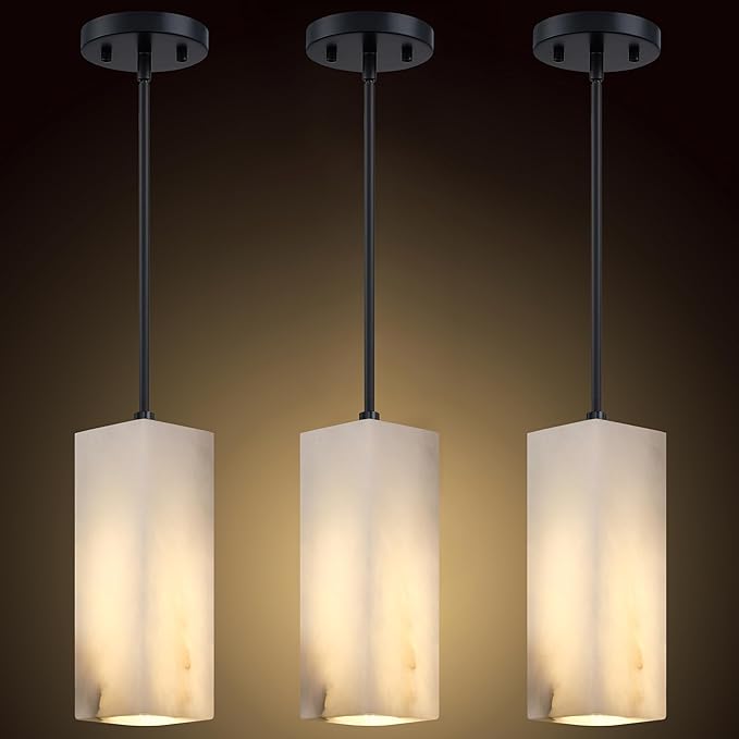 3 Pack 1 Light Square Cylinder Natural Alabaster Marble Modern Industrial Farmhouse Hanging Kitchen Island Pendant Ceiling Light Fixture,Black Finish Over Sink Restaurant bar Corridor