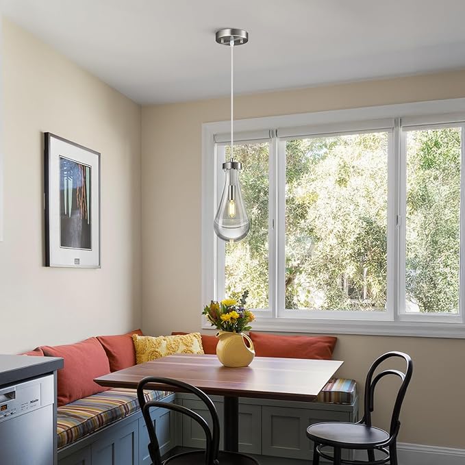 Raindrop Pendant Lights Kitchen Island Teardrop Nickel Hanging Light Fixtures Clear Solid Glass Pendant Light Modern Chandeliers for Dining Room Porch Corridor Living Room(3-Pack)