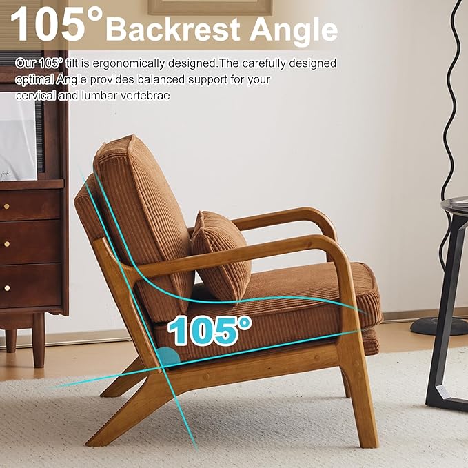 Karl home Mid-Century Modern Accent Chair, Living Room Chairs with Pillow Corduroy Upholstered Lounge Armchair with Solid Wood Frame & Soft Cushion for Bedroom, Reading Room, Brown