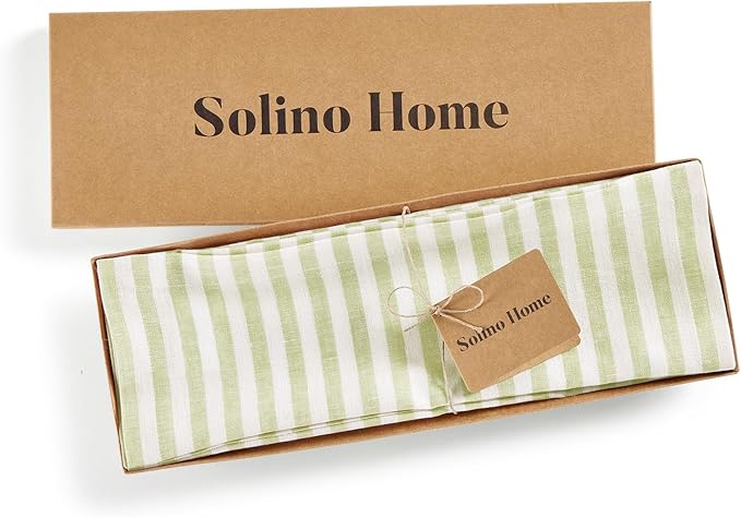 Solino Home Linen Cloth Placemats Set of 4 - Amalfi Stripe 100% Pure Linen Sage and White Farmhouse Placemats 14 x 19 Inch for Fall, Autumn, Thanksgiving, Christmas