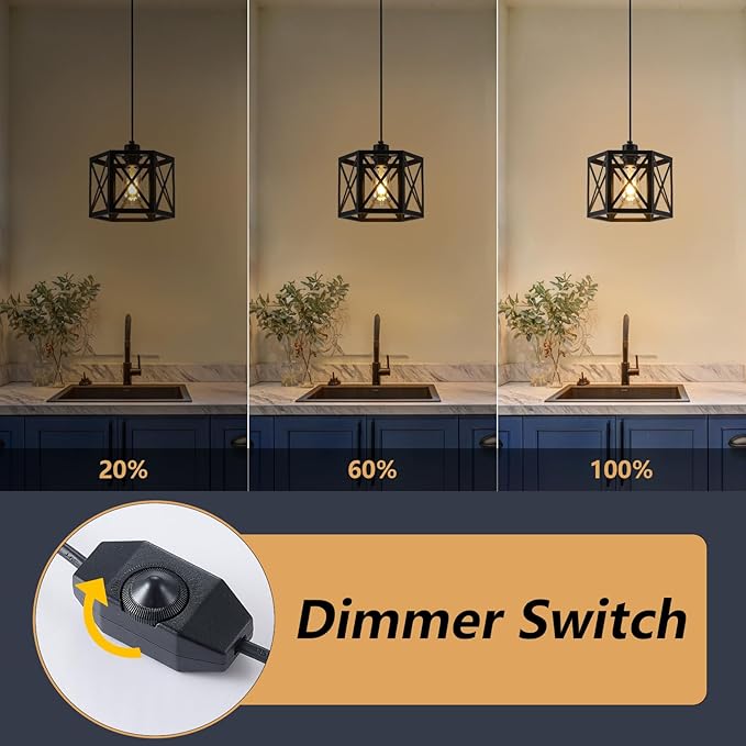 2 Pack Plug in Pendant Light, Farmhouse Black Hanging Lights with Plug in Cord, 16.4FT Hexagonal Metal Plug in Hanging Lamp Kit, Dimmable Ceiling Light Fixture for Kitchen Island Hallway