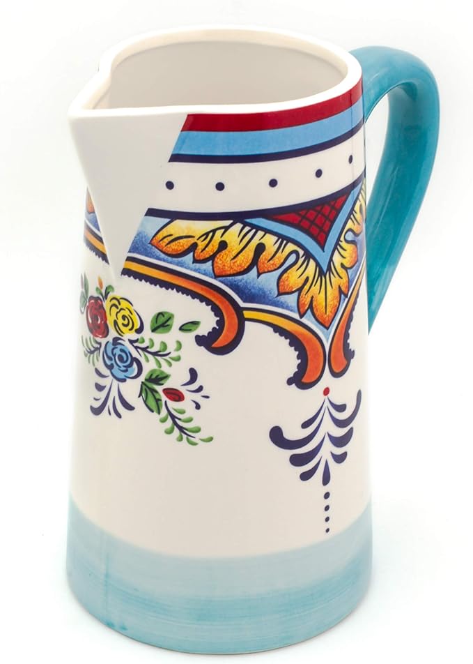 Euro Ceramica Zanzibar Collection Vibrant 9.4" Decorative Ceramic Pitcher, 2.5LT, Spanish Floral Design, Multicolor