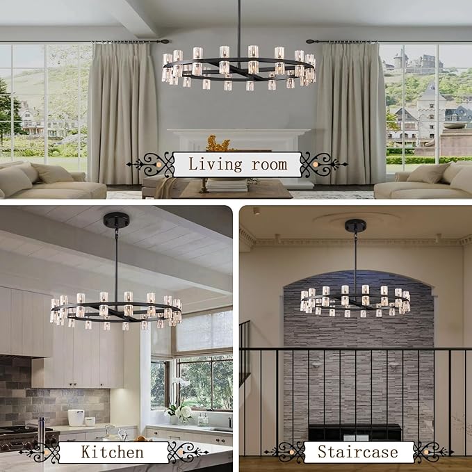 D32 Black Wagon Wheel Chandeliers Modern 32-Lights Black Round Chandelier Glass Chandeliers for Dining Room,Living Room Vintage Chandelier for Foyer Hallway