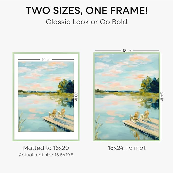 Homeforia 18x24 Frame Sage Green, High End Metal 18x24 Poster Frames with Mat 16x20 inch Photo, 18 x 24 Sage Green Picture Frame Matted to 16 by 20 Art, 24x18 Frame, Tempered Glass, Wall Kit, Set of 1