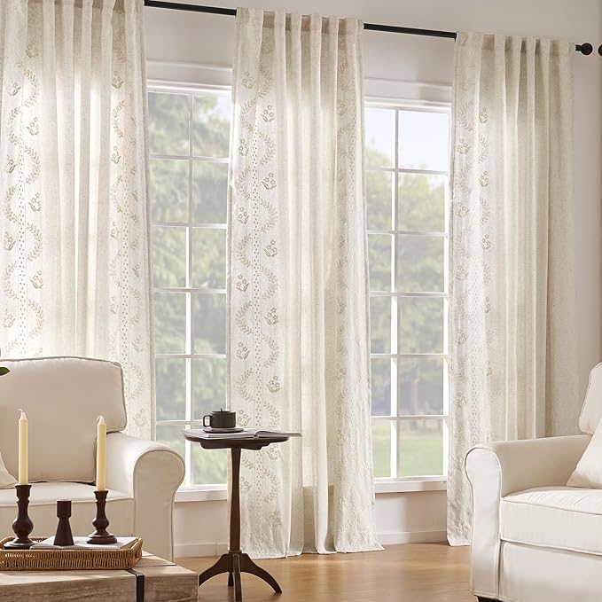 jinchan Belrose Lined Linen Blend Curtains Boho Floral Curtains for Bedroom 63 Inch Length Ivory Embroidered Drapes Rod Pocket Farmhouse Flower Drapes for Living Room Window Treatments Set 2 Panels