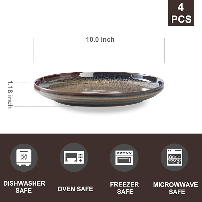 Ceramic dinner plates set of 4, Large Dinnerware Plates & Salad plates for party and wedding, Microwave safe porcelain plates set, 10 Inch