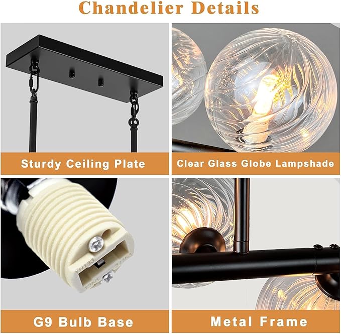 Modern Linear Chandeliers for Dining Room 70 Inhch Sputnik Linear Chandelier Clear Striped Glass Globe Pendant Light for Kitchen Island, Farmhouse, Living Room, Dia 70 Inch