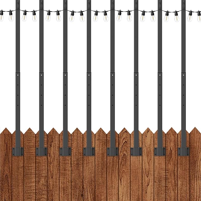 2.8Ft String Light Poles 8 Pack,Light Poles for Outside Lights,Outdoor with Fence Brackets Hanging Lights,Metal Stand Deck Patio Backyard