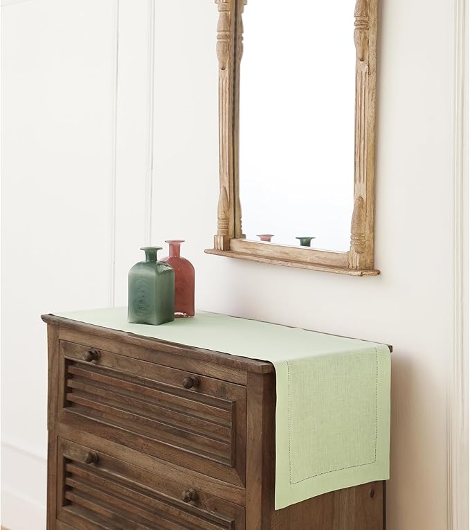 Solino Home Linen Table Runner 60 Inches - 100% Pure Linen Sage Green Hemstitch Table Runner 14 x 60 Inch Ideal for Dresser and Coffee Tables - Fall, Thanksgiving, Christmas - Classic Hemstitch