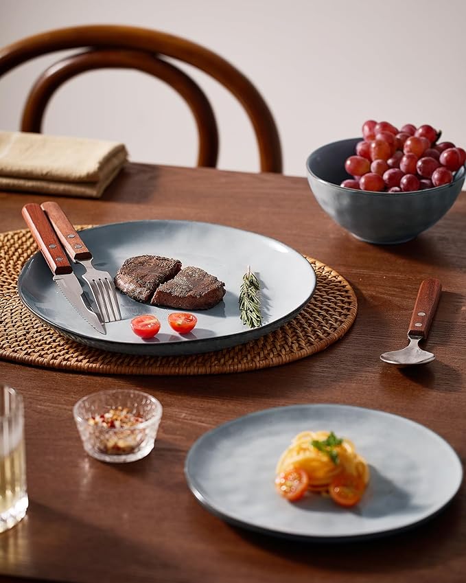 Famiware Dinnerware Sets for 4, Ocean Round 12-Piece Kitchen Plates and Bowls Sets, Reactive Glaze, Microwave and Dishwasher Safe, Scratch Resistant, Grey