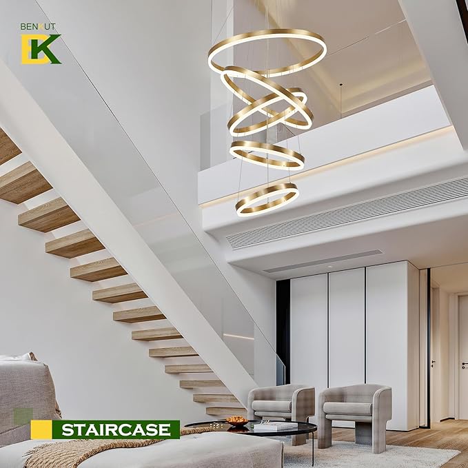 5-Rings Modern LED Chandelier Gold High Ceiling Chandelier with Remote Control Dimmable Pendant Lighting for Dining Room Foyer Living Room Entryway Staircase(3000K-6500K, D23.6’’)