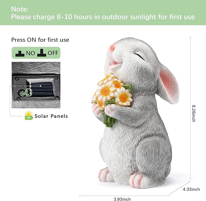 Solar Rabbit Garden Statues Outdoor Bunny Decor Resin Rabbit Figurine Holding Sunflower with LED Lights for Proch Patio Lawn Yard Mothers Day Gardening Gifts for Mom Grandma