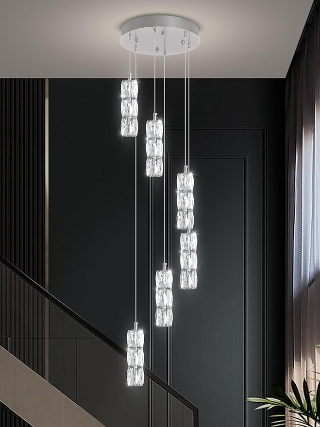 H78 Pendant Lights Kitchen Island 6-Lights Pendant Chandelier for Dining Room Hallway Stairwell,LED Dimmable 2700K-6000K (Silver Chandelier)