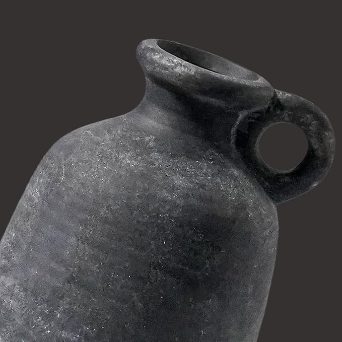 Sunddo Rustic Farmhouse Vase with Handle, 10 inch Black Ceramic Flower Vase, Terracotta Clay Stone Pottery, Black Kitchen Decor, Entryway Shelf Living Room Table Decor