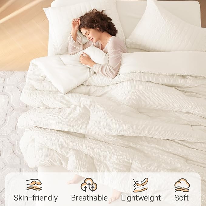 MUXHOMO 7 Pieces California King Comforter Set, Seersucker Bed in a Bag Cal King Size, All Season Luxury Bedding Set with Comforter, Flat Sheet, Fitted Sheet, Pillowcases & Shams, Ivory